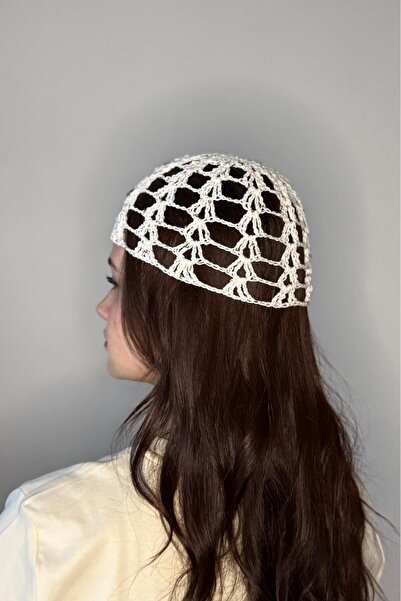 MELUSH Beyaz Renkli Pullu Örgü Kroşe Şapka, Desenli Kasket, Gold Pullu