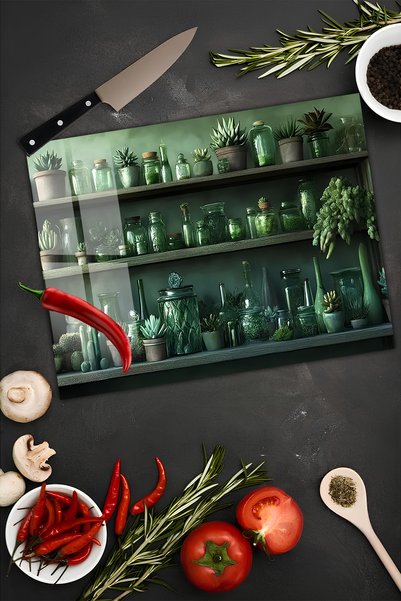 kutuTR Green Succulent and Glass Jar Tempered Glass Cutting Board 30X40 cm Size Uv Printing - Bckt024
