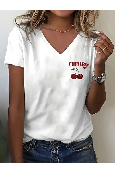FUFLUNS Cherry Printed Women's Oversize V-Neck T-Shirt