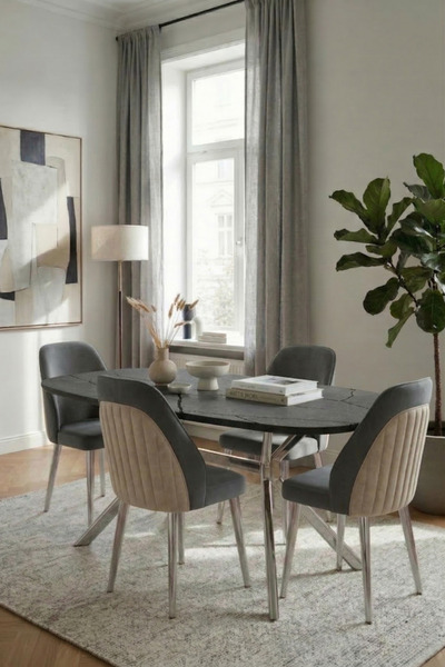 SANDERYA Node Serisi Krom Ayaklı Aris Gri 85x170 Mutfak Salon Masa Takımı 4 K...