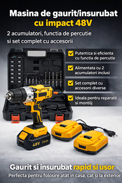 SimpluAcasa 48V impact drill and screwdriver, 2 batteries, complete accessori...