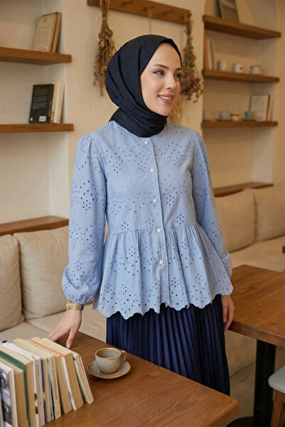 MODAQU Kol Lastik Lined Eyelet Embroidery Shirt - Blue