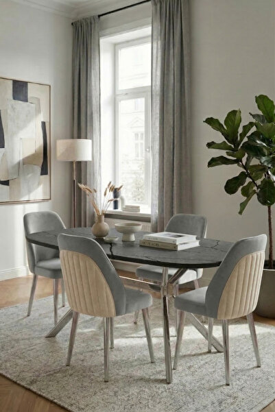 SANDERYA Node Serisi Krom Ayaklı Aris Gri 85x170 Mutfak Salon Masa Takımı 4 S...