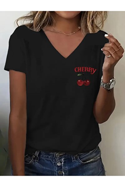 FUFLUNS Cherry Printed Women's Oversize V-Neck T-Shirt