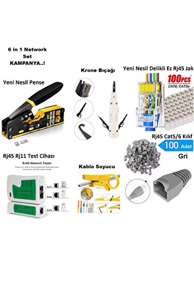 Derwell Yeni Nesil Cat5/6/7 RJ45 Pense - Tester Cihazı 100 Adet Jak Krone Bıç...