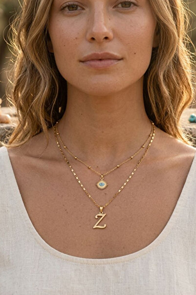 Larius Jewelry İkili Kombin Harf Kolye,Göz Nazar Kolyesi,Harf Kolye (Tek/Çift...