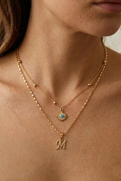 Larius Jewelry İkili Kombin Harf Kolye,Göz Nazar Kolyesi,Harf Kolye (Tek/Çift...