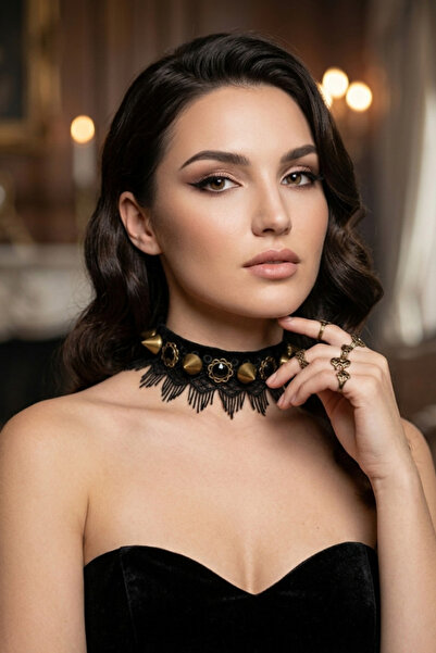 shop Gothic Studded Black Velvet Choker - Punk Neck Collar with Lace Detail a...