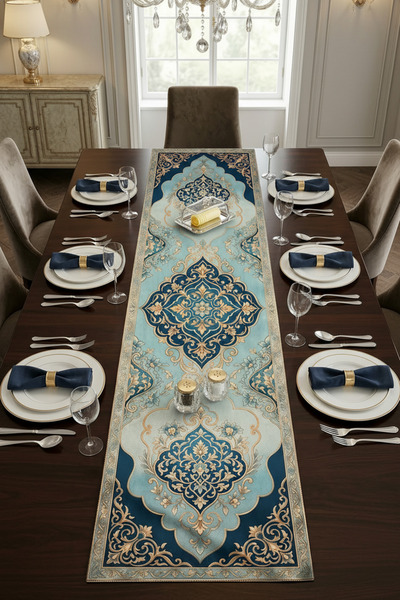 ARTAN GALLERY Lüks İtalyan Kadife Masa Örtüsü Runner 40x140 cm Turkuaz Altın ...
