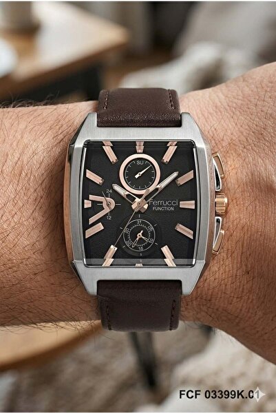 Ferrucci Modern Kasa Men's Wristwatch |   42 mm Steel Case, Dark Brown Leathe...