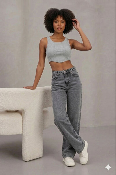 LAYAL MY BEAUTY Kadın Palazzo Salaş Rahat Kesim Likralı Yüksek Bel Jeans Kot ...
