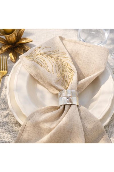 desicap 6-Piece Gold Feather Patterned Stone Embroidered-Beige K Linen Napkin – 34X34 cm Invitation and Engagement Table Napkin