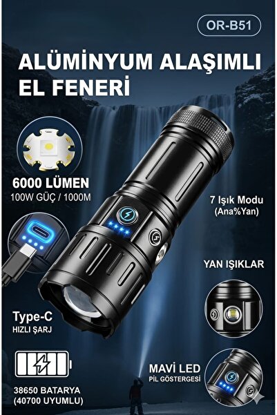 FAVBOX OR-B51 6000 Lümen Güçlü Profesyonel Şarjlı El Feneri - 100W Güç Dayanı...