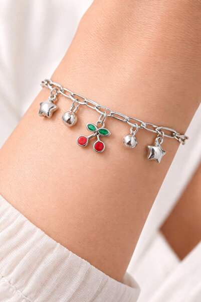 Laria Women's Silver Color Dangle Cherry and Star Bracelet - Adjustable Chain