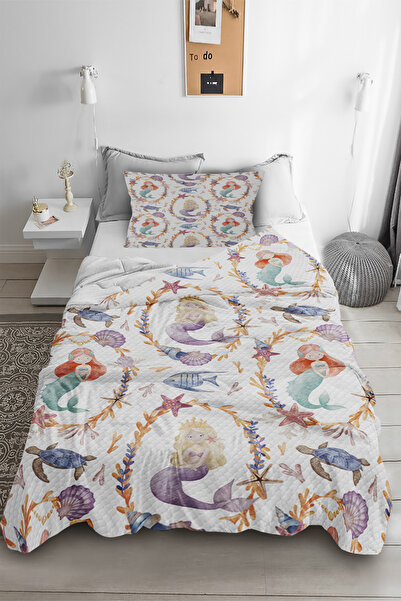 Bebişim Halı Mermaid Patterned Single Pique Bedspread Set Children's Room Piq...