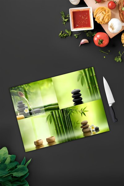 kutuTR Bamboo and Zen Stones Patterned Tempered Glass Cutting Board 30X40 cm Size Uv Printing - Bckt040