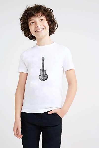 QIVI Unisex Παιδικό Μπλουζάκι με Λευκό Σχέδιο Κλασικής Κιθάρας