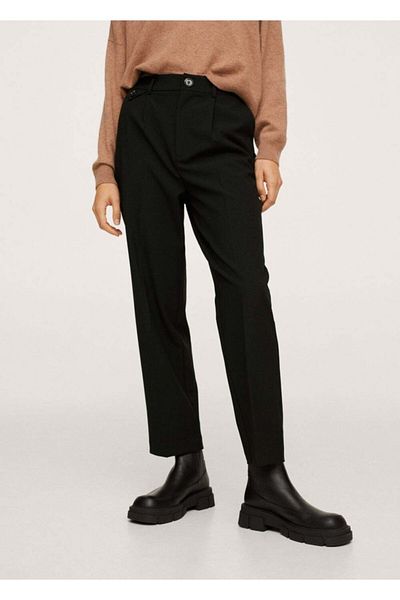 MANGO Woman Women's Black Pleated Straight Cut Trousers