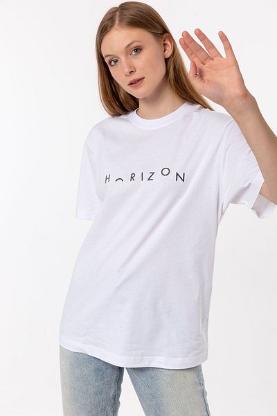 Nur Aka by Nurteks Horizon Embroidered White 100% Cotton Oversize Large Size T-shirt