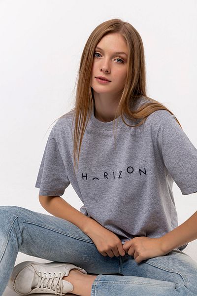 Nur Aka by Nurteks Horizon Embroidered Gray Cotton Oversize Large Size T-shirt