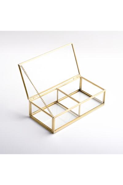 El Crea Designs 20x10x6 2 Bölmeli Pirinç Cam Kapaklı Organizer Kutu Takı Akse...