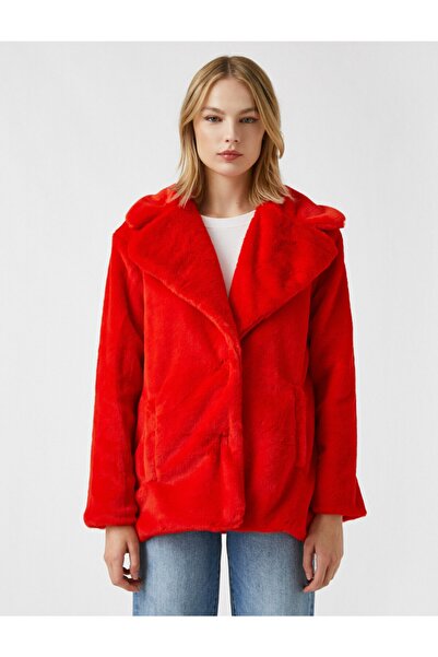 Koton Women's Red Buttoned Oversize Short Faux Fur Coat
