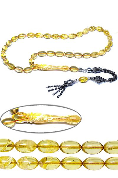 Tesbih Atölyesi Yellow Colored - White Moire Certified Clamping Amber Prayer Beads
