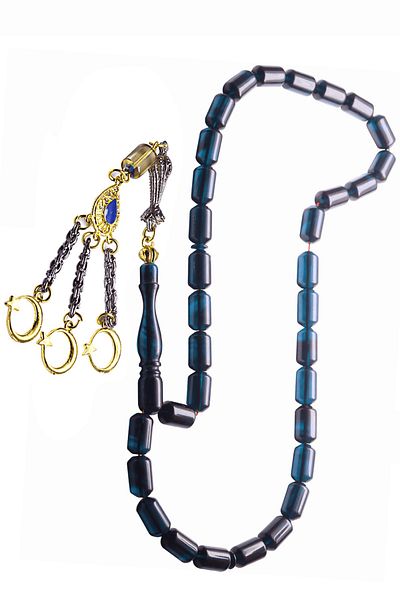 Tesbih Atölyesi Triple Tasseled Capsule Cut Black on the Outside and Blue on the Inside Fire Amber Rosary