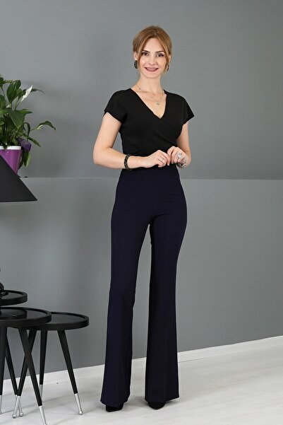 Butik Şımarık Kadın Koyu Lacivert Yüksek Bel Ispanyol Paça Çelik Interlok Tayt Pantolon