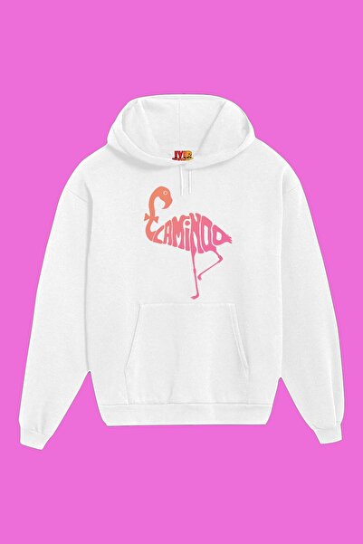 IvırZıvır Hanorac unisex alb cu imprimeu flamingo