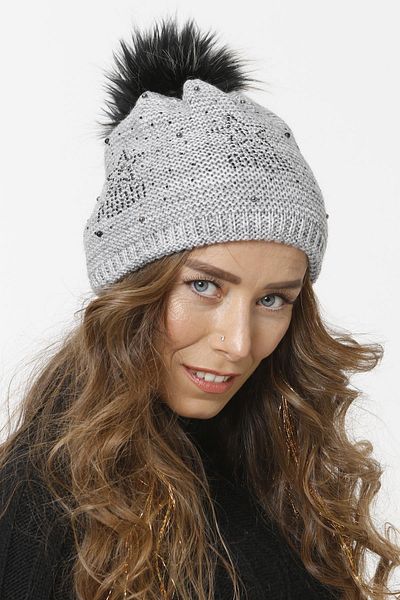 Vemod Star Patterned Stoned Pompom Knitwear Knitted Beret - Gray