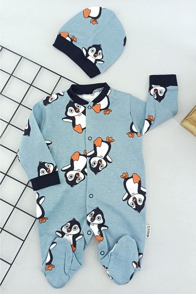 ALİSS BABY Penguin Patterned Blue Baby Rompers - 3-6-9 Months