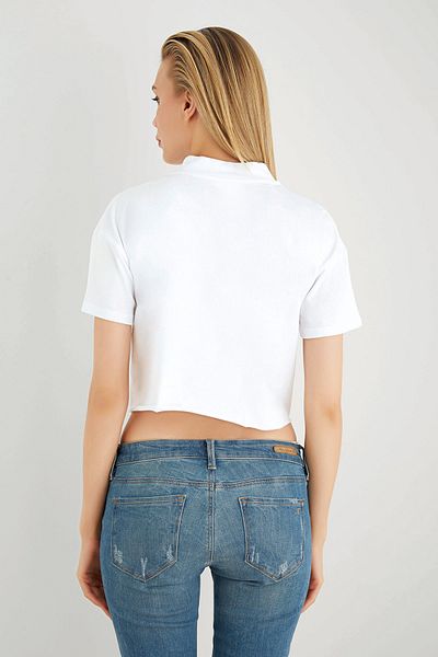 Sevim Damă, alb, de bază, 100% bumbac, crop guler, tricou