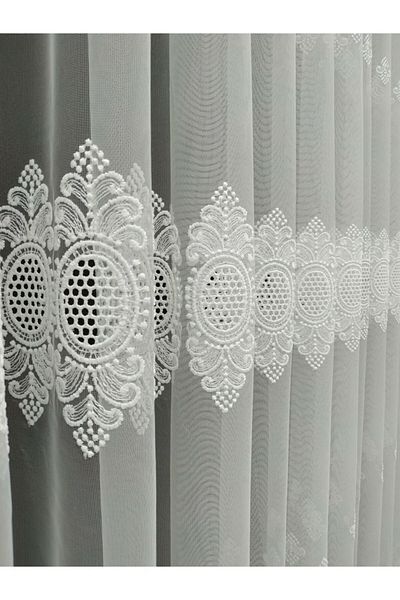 evihtiyaclarim by IOC Borelli Pattern Heavy Embroidered Soil Tulle Curtain 1 x 3 Close Pleated