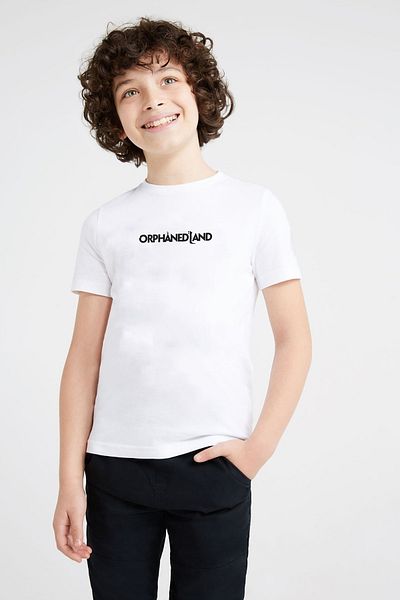QIVI Tricou cu imprimeu unisex pentru copii, alb, cu sigla Orphaned Land