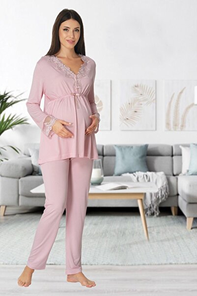 lohusahamile Vişne Yakası Dantelli Lohusa Pijama Effortt 8092