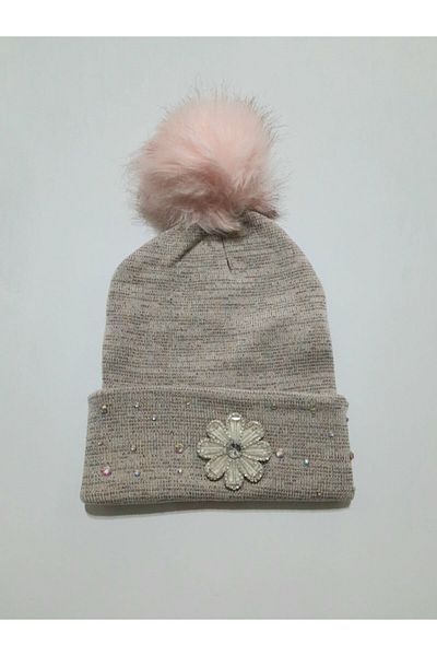 dükkan10butika Beret Women's Flower Motif Glitter Pompom Powder