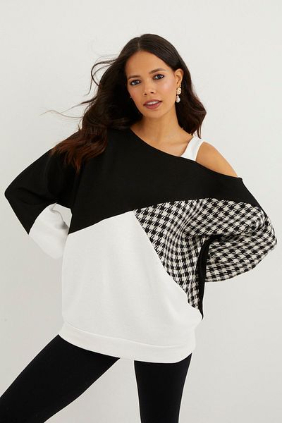 Cool & Sexy Women's Ecru-Black Houndstooth Pattern Contrast Single Shoulder Sweatshirt BK2010