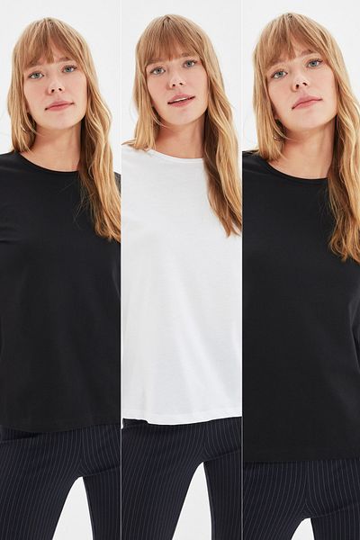 Trendyol Collection Czarno-biało-czarny 3-pak podstawowych dzianinowych koszulek z okrągłym dekoltem