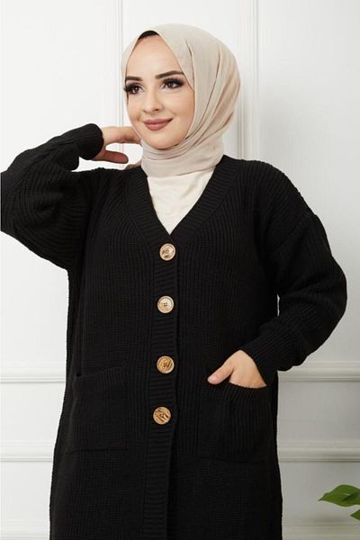 Pamuk Butik Γυναικεία Μαύρη Πλεκτή Ζακέτα με Κουμπιά Τσέπη