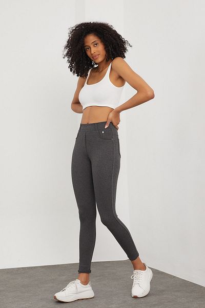 MRS.MODA Pantaloni de buzunar gri pentru damă, cu aspect de jambiere