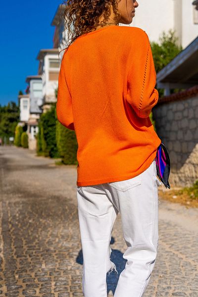 Güneşkızı Dámský oranžový netopýří rukáv prolamovaný měkký, ležérní svetr s texturou GK-CCK1802