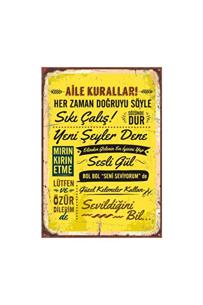 MaviEv Aile Kuralları Tablosu Retro Vintage Ahşap Poster