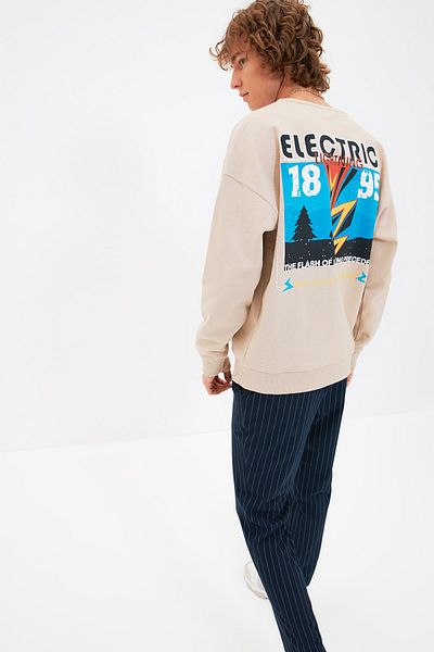 Trendyol Collection Μπεζ φούτερ με στάμπα Fleece με λαιμόκοψη - TMNAW22SW0799