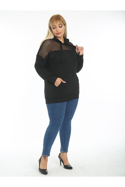 LİKRA Women's Black Large Size Hooded Mesh Detail Flexible Steel Sweatshirt