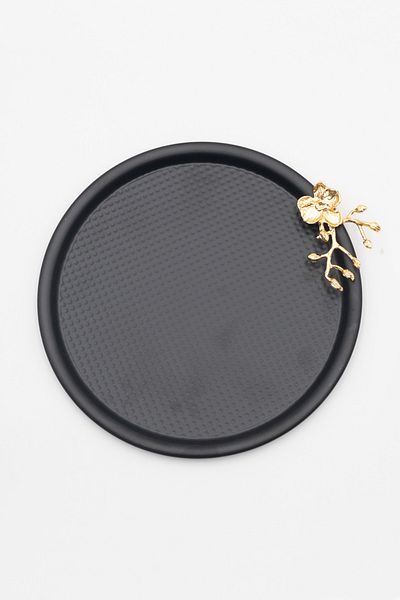 Fiyakalı Ürünler Atölyesi Japanese Rose Round Black Presentation Tray, Cake Tea Coffee Decorative Serving Tray 22cm