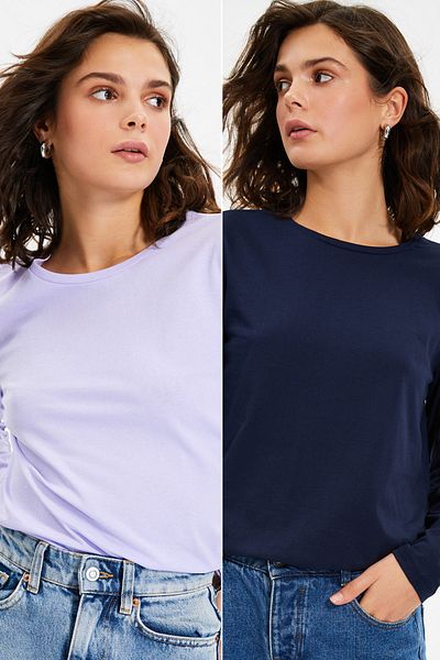 Trendyol Collection Sötétkék-lila 100% pamut 2 db-os Basic Crew nyakú kötött póló csomag TWOAW21TS0095