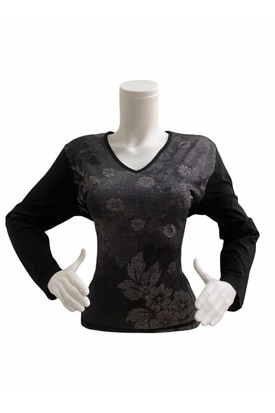 Elele Women's Black Leaf Pattern V-Neck Combed Cotton Blouse