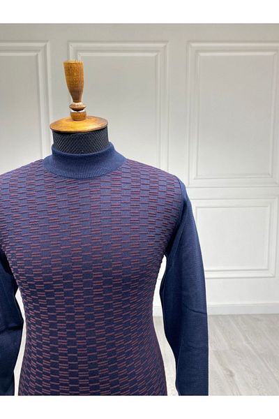 CCS Sarar Men's Navy Blue Half Fisherman Patterned Knitwear Sweater