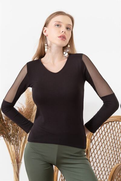 AQE FASHION Жіноча блуза з круглим коміром і тюлевою оборкою